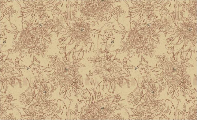 SURFACE PATTERN DESIGN, PATTERN OF HAND DRAWN PEONIES AND OTHER FLOWERS WITH BUMBLEBEES BRICK RED ON A TAN BACKGROUND