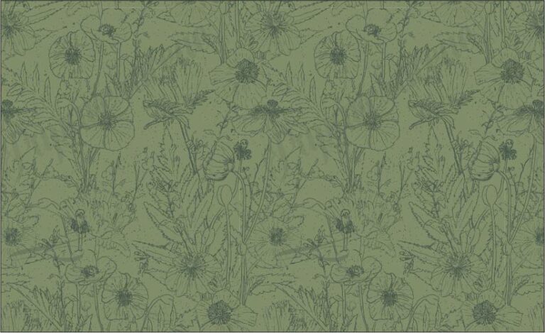 SURFACE PATTERN DESIGN OF HAND DRAWN POPPIES AND OTHER PLANTS DARK GREEN ON A CACTUS GREEN BACKGROUND
