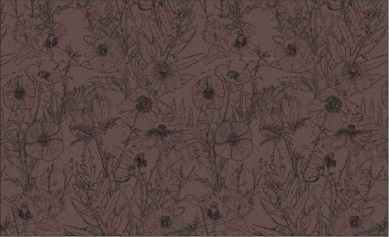 SURFACE PATTERN DESIGN OF HAND DRAWN POPPIES AND OTHER PLANTS CHARCOAL ON A CHOCOLATE BROWN BACKGROUND