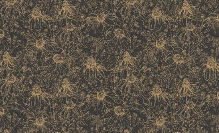 SURFACE PATTERN DESIGN, PATTERN OF HAND DRAWN BLACK EYED SUSANS AND OTHER FLOWERS WITH GOLD ON A CHARCOAL BACKGROUND