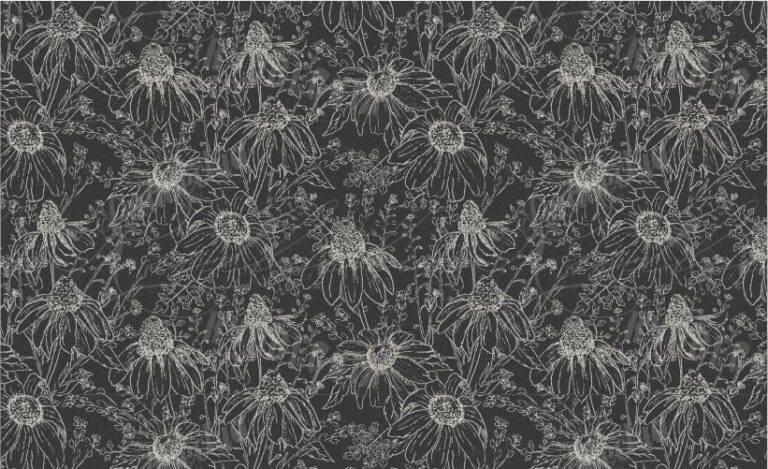 SURFACE PATTERN DESIGN, PATTERN OF HAND DRAWN BLACK EYED SUSANS AND OTHER FLOWERS WITH CHALK WHITE ON A CHARCOAL BACKGROUND