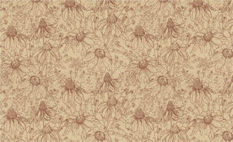 SURFACE PATTERN DESIGN, PATTERN OF HAND DRAWN BLACK EYED SUSANS AND OTHER FLOWERS WITH BRICK RED ON A CREAM BACKGROUND