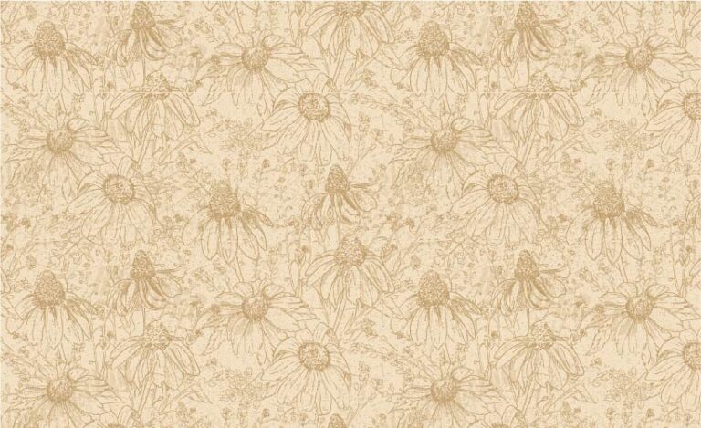 SURFACE PATTERN DESIGN, PATTERN OF HAND DRAWN BLACK EYED SUSANS AND OTHER FLOWERS WITH GOLD ON A CREAM BACKGROUND