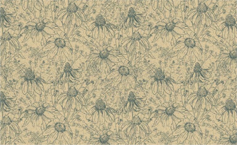 SURFACE PATTERN DESIGN, PATTERN OF HAND DRAWN BLACK EYED SUSANS AND OTHER FLOWERS WITH TEAL GREEN ON A CREAM BACKGROUND