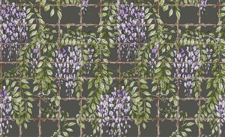 Surface pattern design wisteria trellis pattern on deep olive green