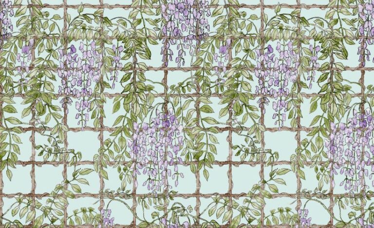 SURFACE PATTERN DESIGN WATERCOLOR WISTERIA BLOSSOMS ON A TWIG TRELLIS PATTERN