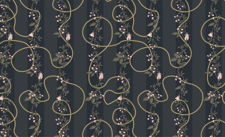 surface pattern design of rosebud stipes and beads on charcoal background