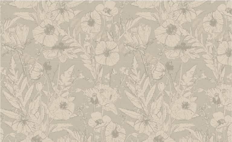 SURFACE PATTERN DESIGN OF hand drawn poppy FLOWERS in toile style on pale khaki background with cream flower background