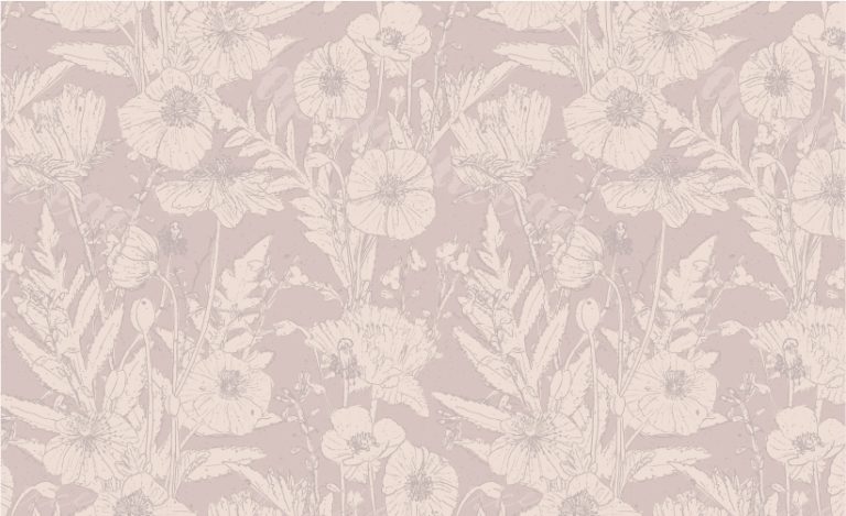SURFACE PATTERN DESIGN OF hand drawn poppy FLOWERS in toile style on pale pink background with cream flower background
