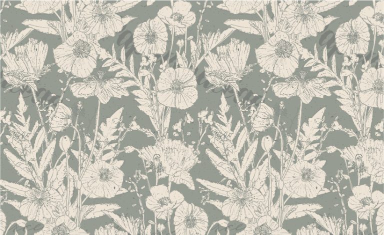 SURFACE PATTERN DESIGN OF hand drawn poppy FLOWERS in toile style on pale green background with cream background